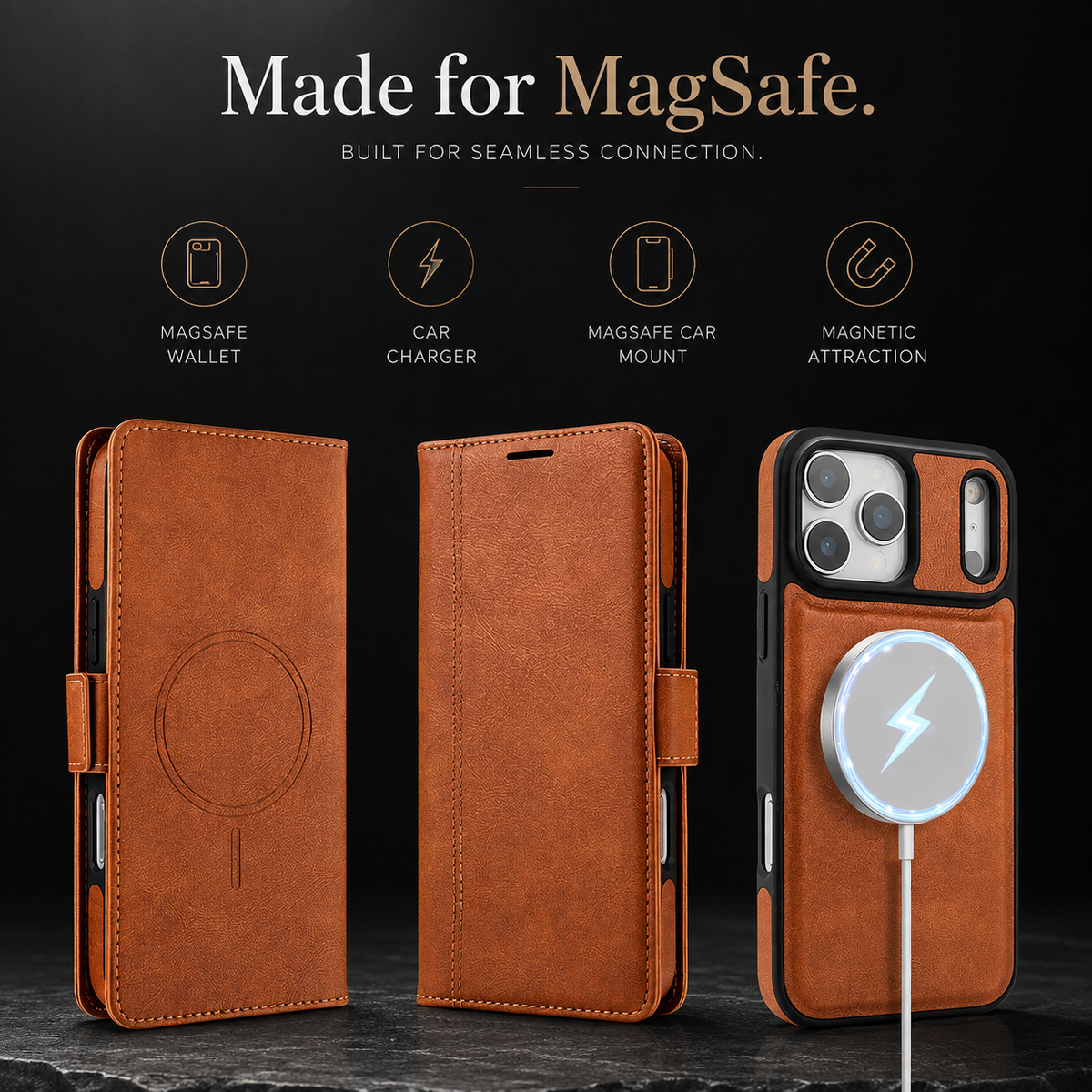 Premium iPhone Case MagSafe Leather Wallet Flip Card Holder Magnetic Shockproof Protective Cover Matte Anti Fingerprint Anti Scratch Slim Non Slip