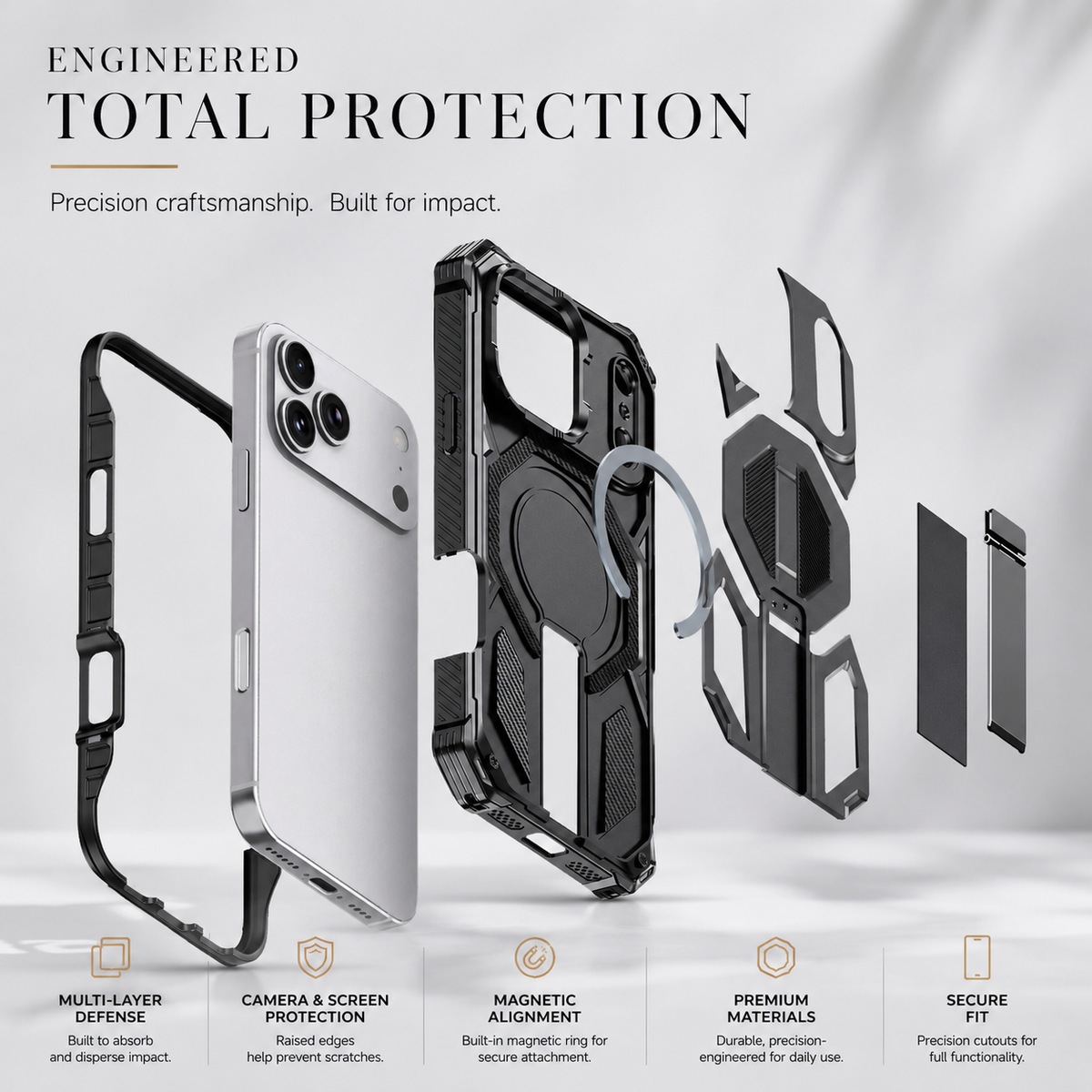 Premium iPhone Case MagSafe Magnetic Armor Metal Stand Shockproof PC TPU Dual Layer Heavy Duty Matte Anti Scratch Non Slip Protective Bumper Cover