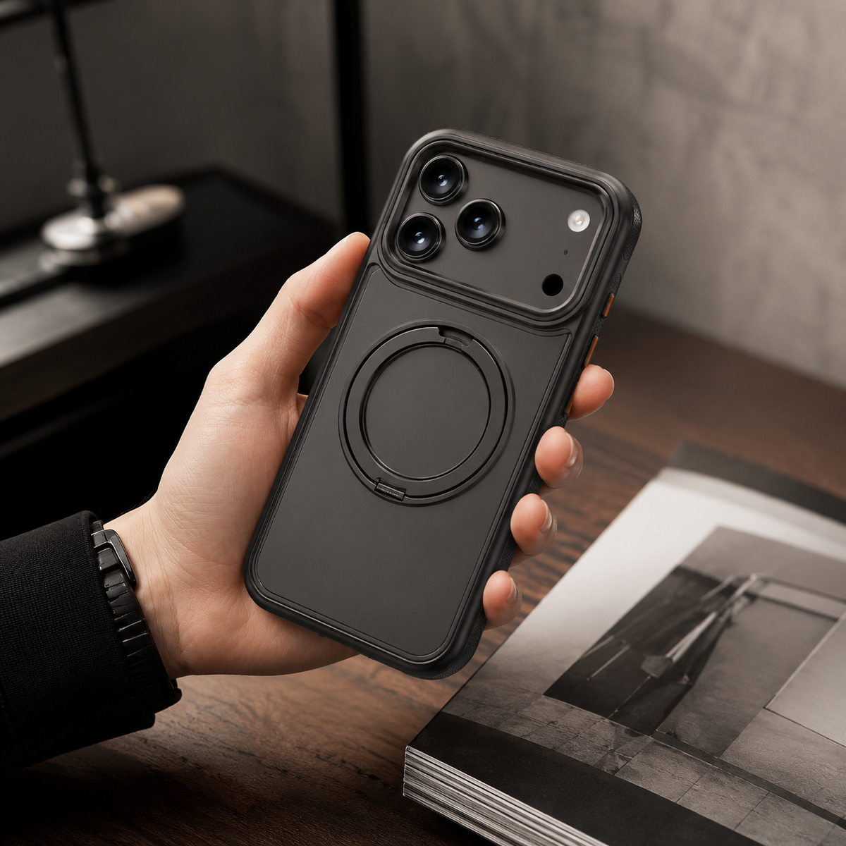 Premium iPhone Case MagSafe Magnetic Rotating Kickstand Shockproof Protective Cover Metal PC TPU Mechanical Stand Anti Slip Reinforced Rugged Full Coverage