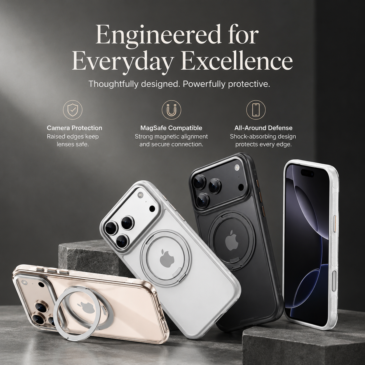 Premium iPhone Case MagSafe Magnetic Rotating Kickstand Shockproof Protective Cover Metal PC TPU Mechanical Stand Anti Slip Reinforced Rugged Full Coverage