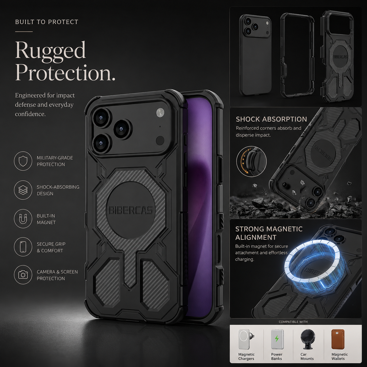 Premium iPhone Case MagSafe Military Armor Magnetic Shockproof PC TPU Anti Drop Protective Cover Reinforced Bumper Wireless Charging Rugged Slim Case