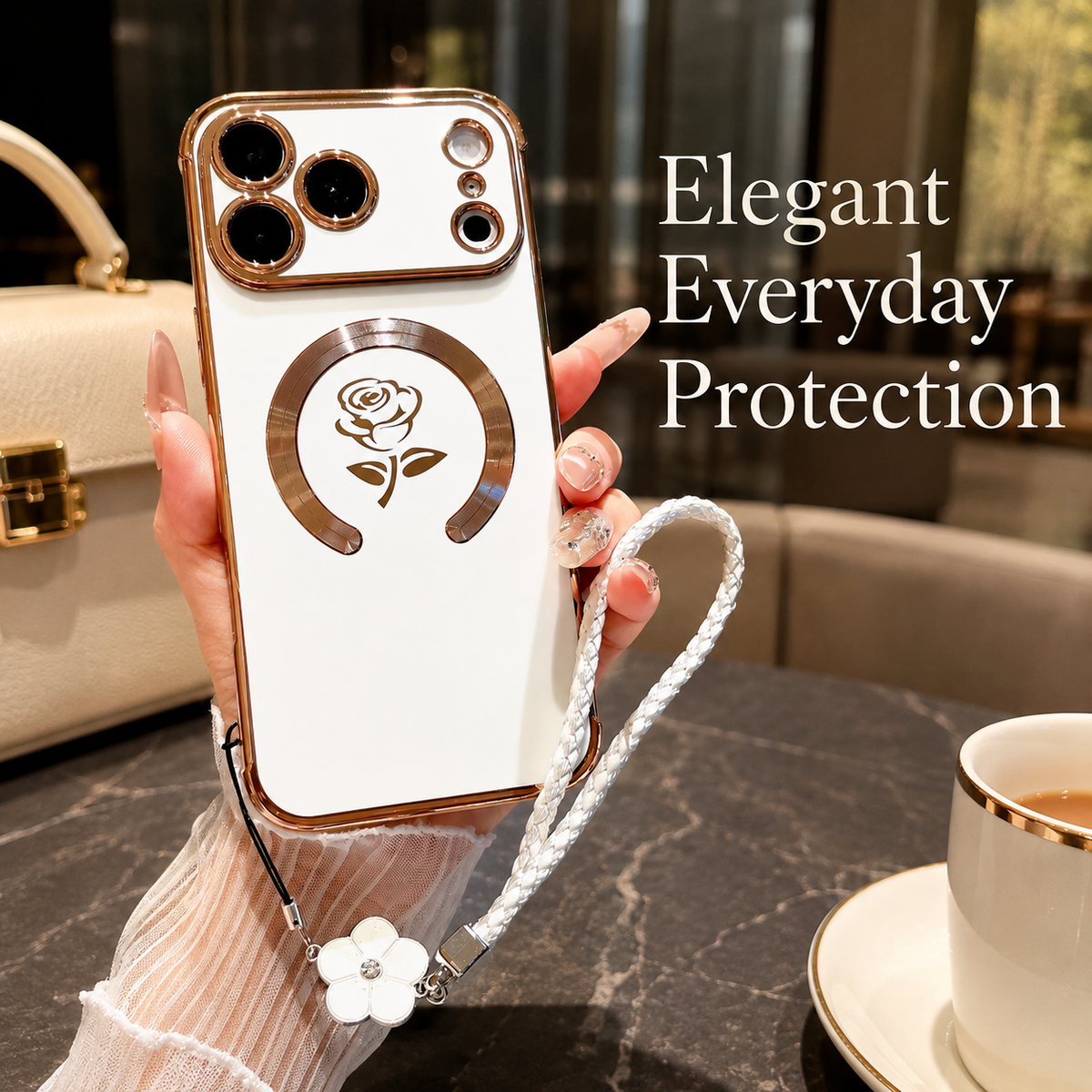Premium iPhone Case MagSafe Rose Pattern Magnetic Soft TPU Protective Cover Lanyard Bracelet Plating Shockproof PC TPU Slim Full Coverage Floral Case Design