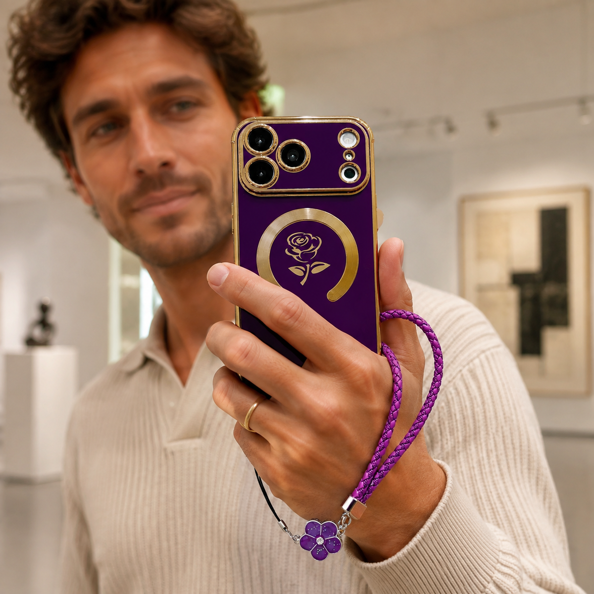 Premium iPhone Case MagSafe Rose Pattern Magnetic Soft TPU Protective Cover Lanyard Bracelet Plating Shockproof PC TPU Slim Full Coverage Floral Case Design