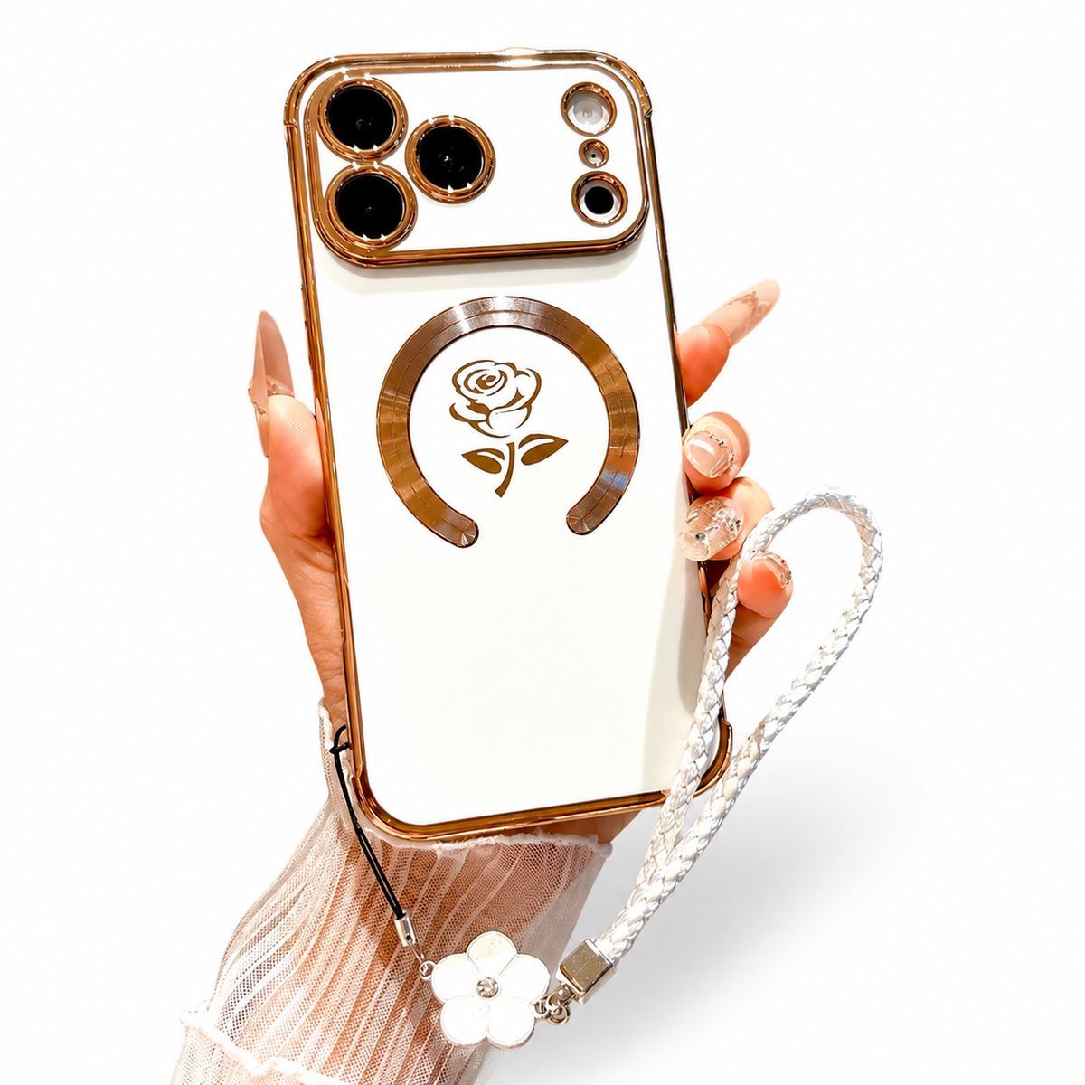 Premium iPhone Case MagSafe Rose Pattern Magnetic Soft TPU Protective Cover Lanyard Bracelet Plating Shockproof PC TPU Slim Full Coverage Floral Case Design