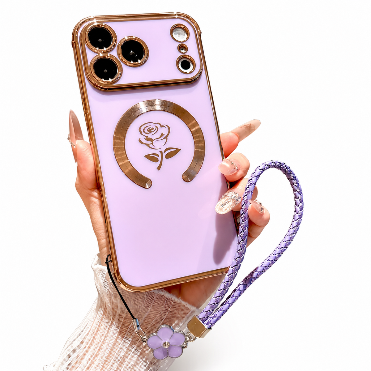 Premium iPhone Case MagSafe Rose Pattern Magnetic Soft TPU Protective Cover Lanyard Bracelet Plating Shockproof PC TPU Slim Full Coverage Floral Case Design