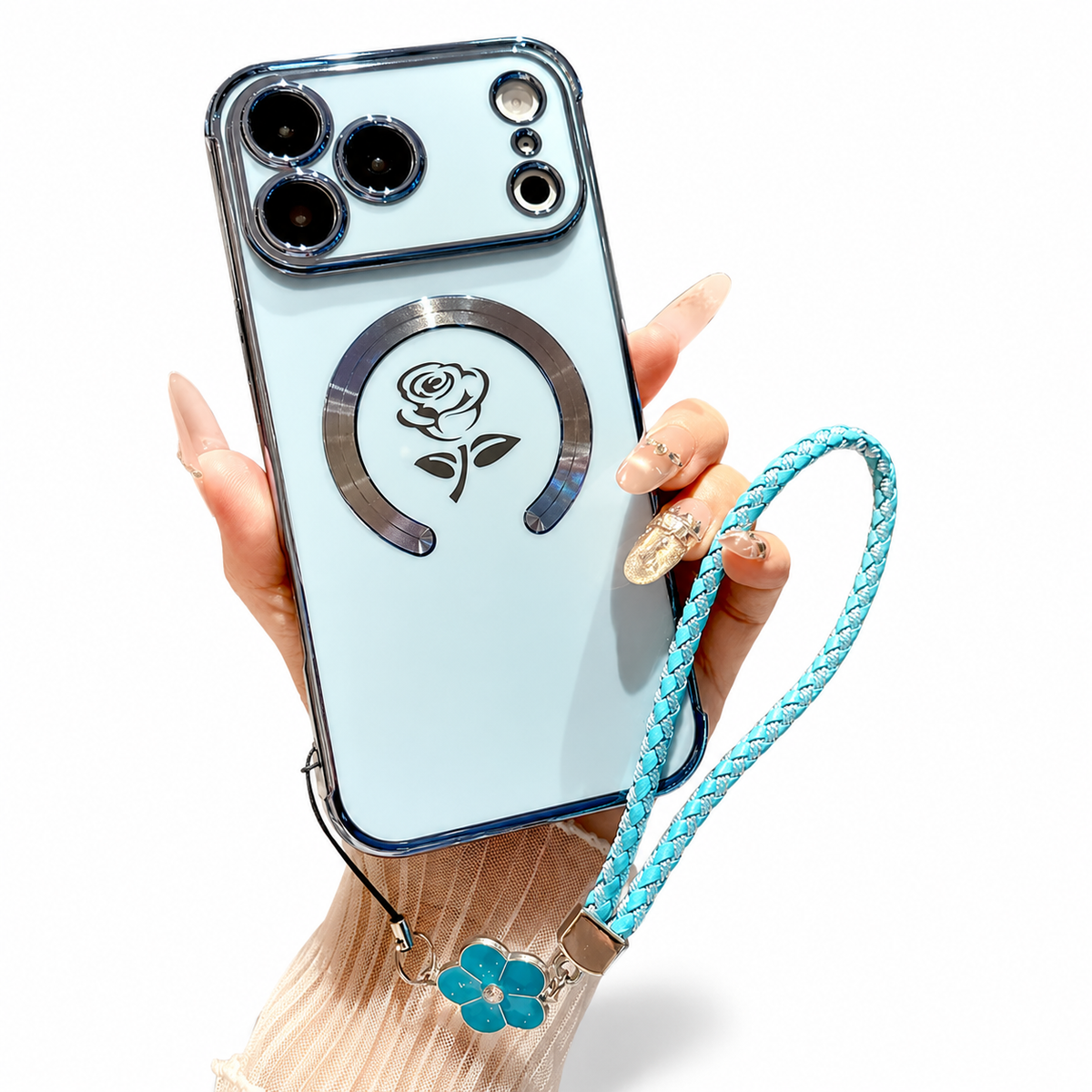 Premium iPhone Case MagSafe Rose Pattern Magnetic Soft TPU Protective Cover Lanyard Bracelet Plating Shockproof PC TPU Slim Full Coverage Floral Case Design
