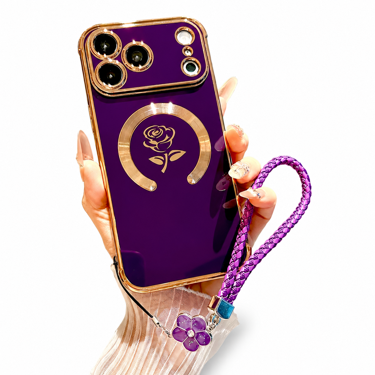 Premium iPhone Case MagSafe Rose Pattern Magnetic Soft TPU Protective Cover Lanyard Bracelet Plating Shockproof PC TPU Slim Full Coverage Floral Case Design