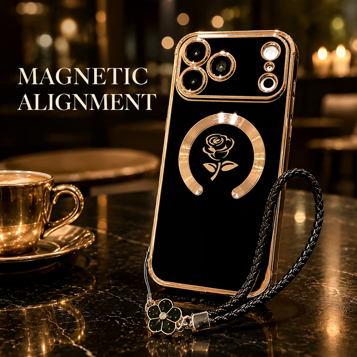 Premium iPhone Case MagSafe Rose Pattern Magnetic Soft TPU Protective Cover Lanyard Bracelet Plating Shockproof PC TPU Slim Full Coverage Floral Case Design