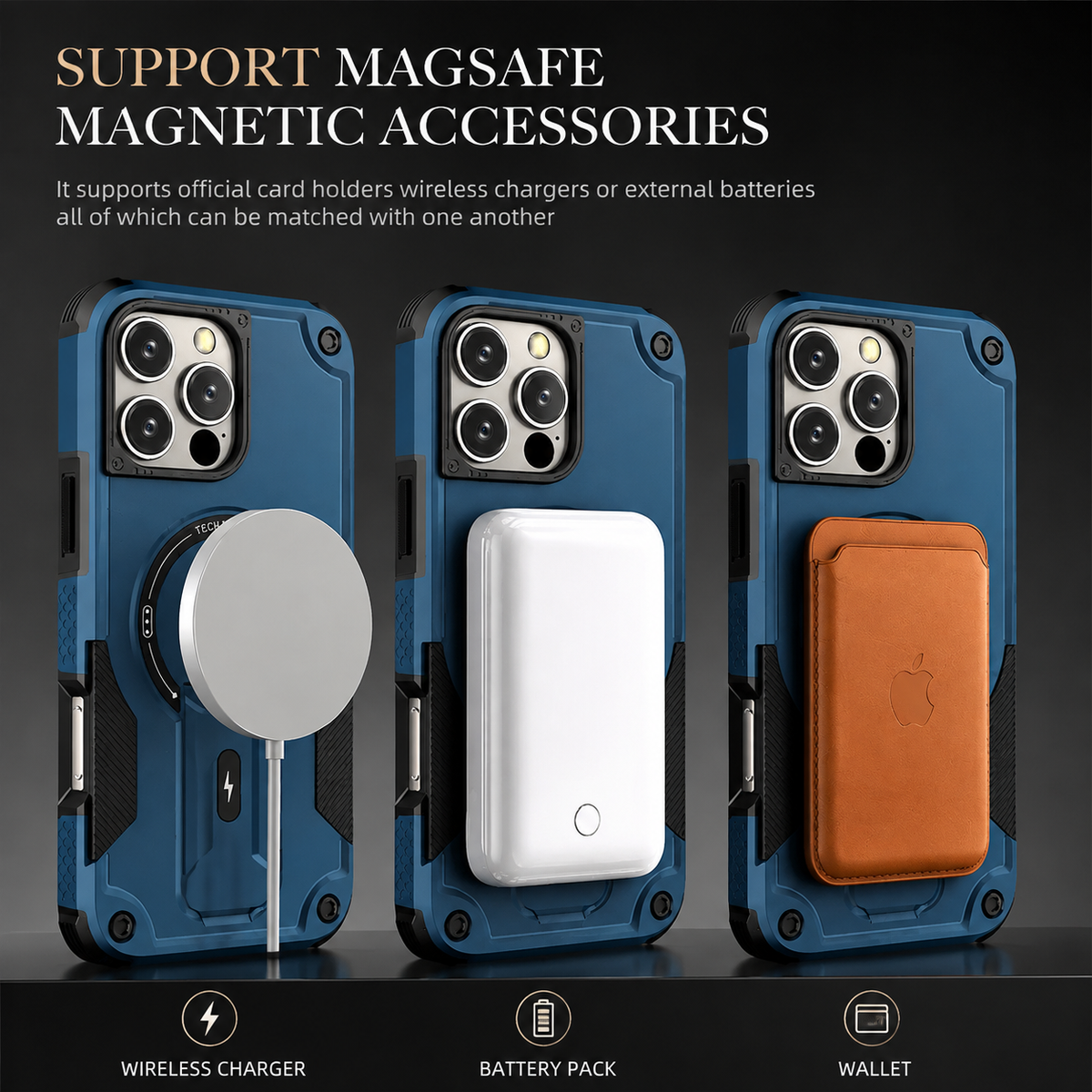 Premium iPhone Case MagSafe Rugged Shockproof Armor Cover Magnetic Kickstand Crossbody Lanyard PC TPU Anti Slip Camera Protection Heavy Duty