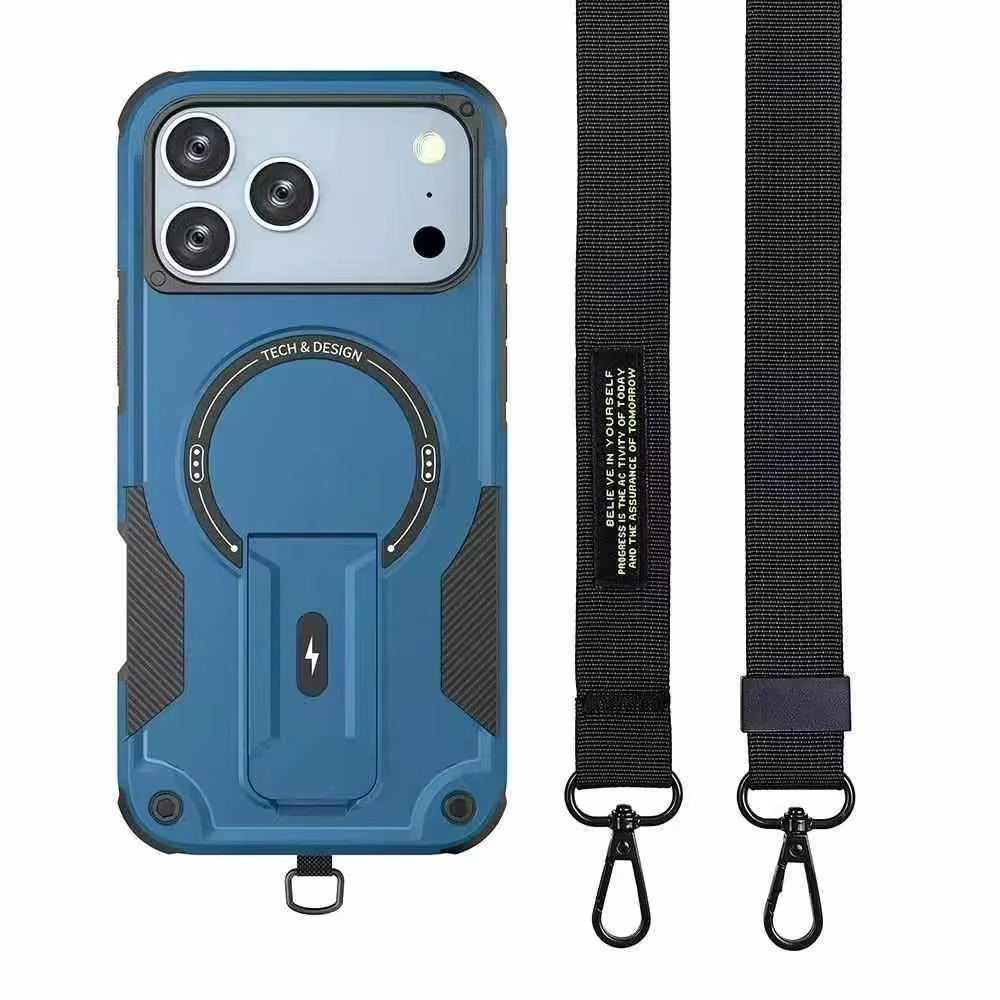 Premium iPhone Case MagSafe Rugged Shockproof Armor Cover Magnetic Kickstand Crossbody Lanyard PC TPU Anti Slip Camera Protection Heavy Duty