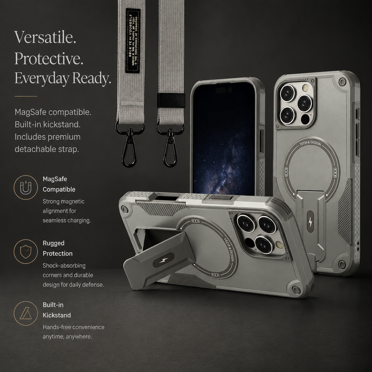 Premium iPhone Case MagSafe Rugged Shockproof Armor Cover Magnetic Kickstand Crossbody Lanyard PC TPU Anti Slip Camera Protection Heavy Duty