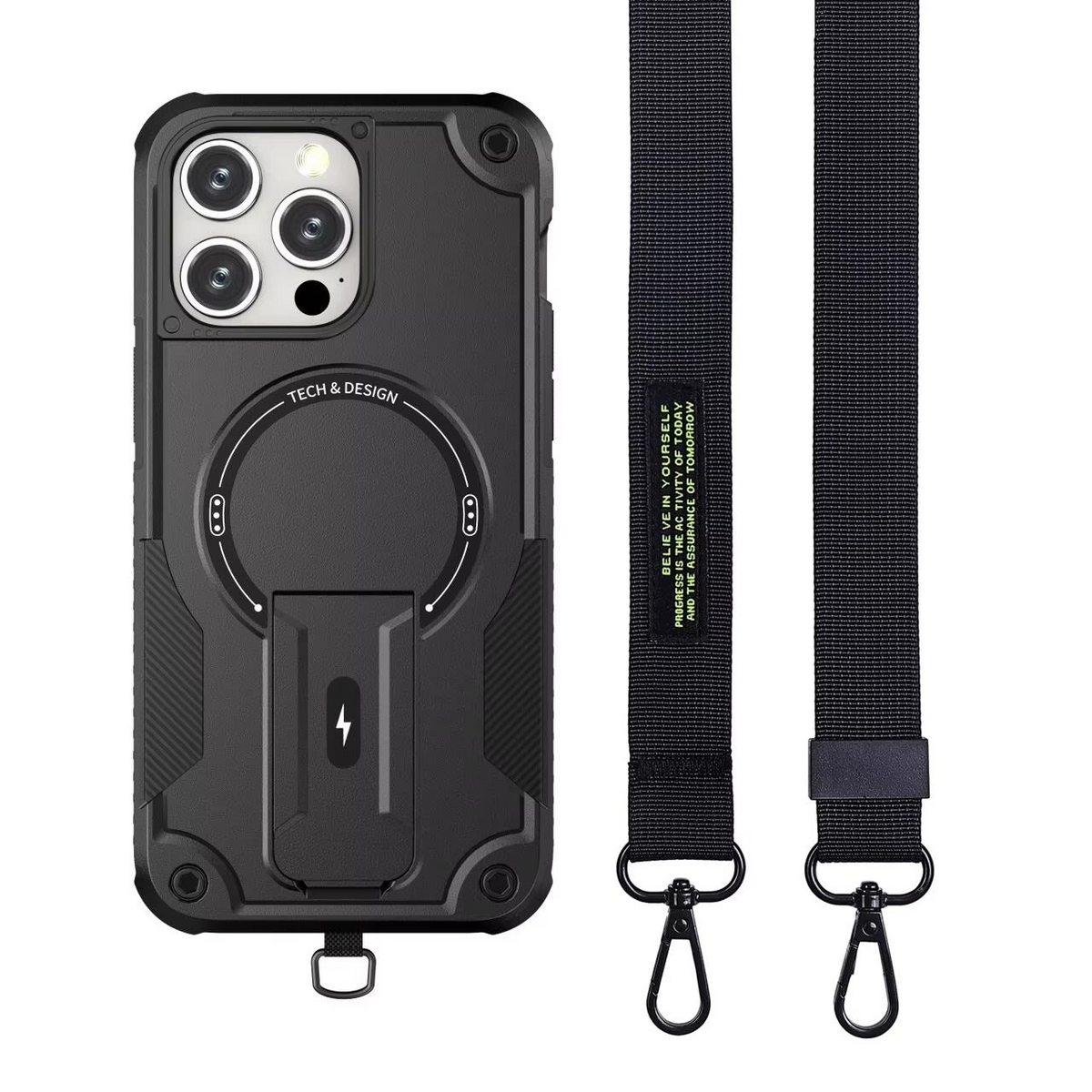Premium iPhone Case MagSafe Rugged Shockproof Armor Cover Magnetic Kickstand Crossbody Lanyard PC TPU Anti Slip Camera Protection Heavy Duty