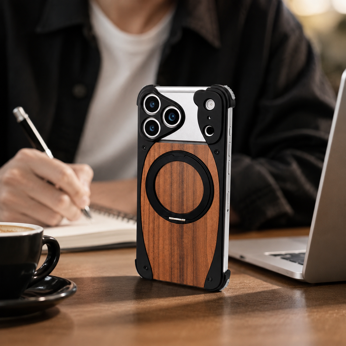 Premium iPhone Case MagSafe Walnut Wood Aluminum Magnetic Shockproof Protective Cover Kickstand Anti Drop Metal Frame Slim Natural Wood Full Coverage