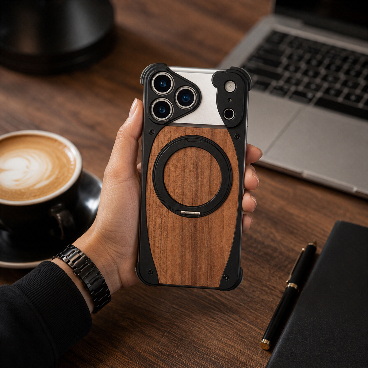 Premium iPhone Case MagSafe Walnut Wood Aluminum Magnetic Shockproof Protective Cover Kickstand Anti Drop Metal Frame Slim Natural Wood Full Coverage