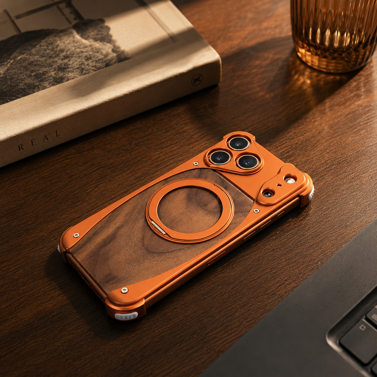 Premium iPhone Case MagSafe Walnut Wood Aluminum Magnetic Shockproof Protective Cover Kickstand Anti Drop Metal Frame Slim Natural Wood Full Coverage