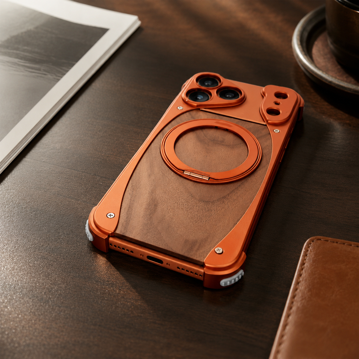 Premium iPhone Case MagSafe Walnut Wood Aluminum Magnetic Shockproof Protective Cover Kickstand Anti Drop Metal Frame Slim Natural Wood Full Coverage