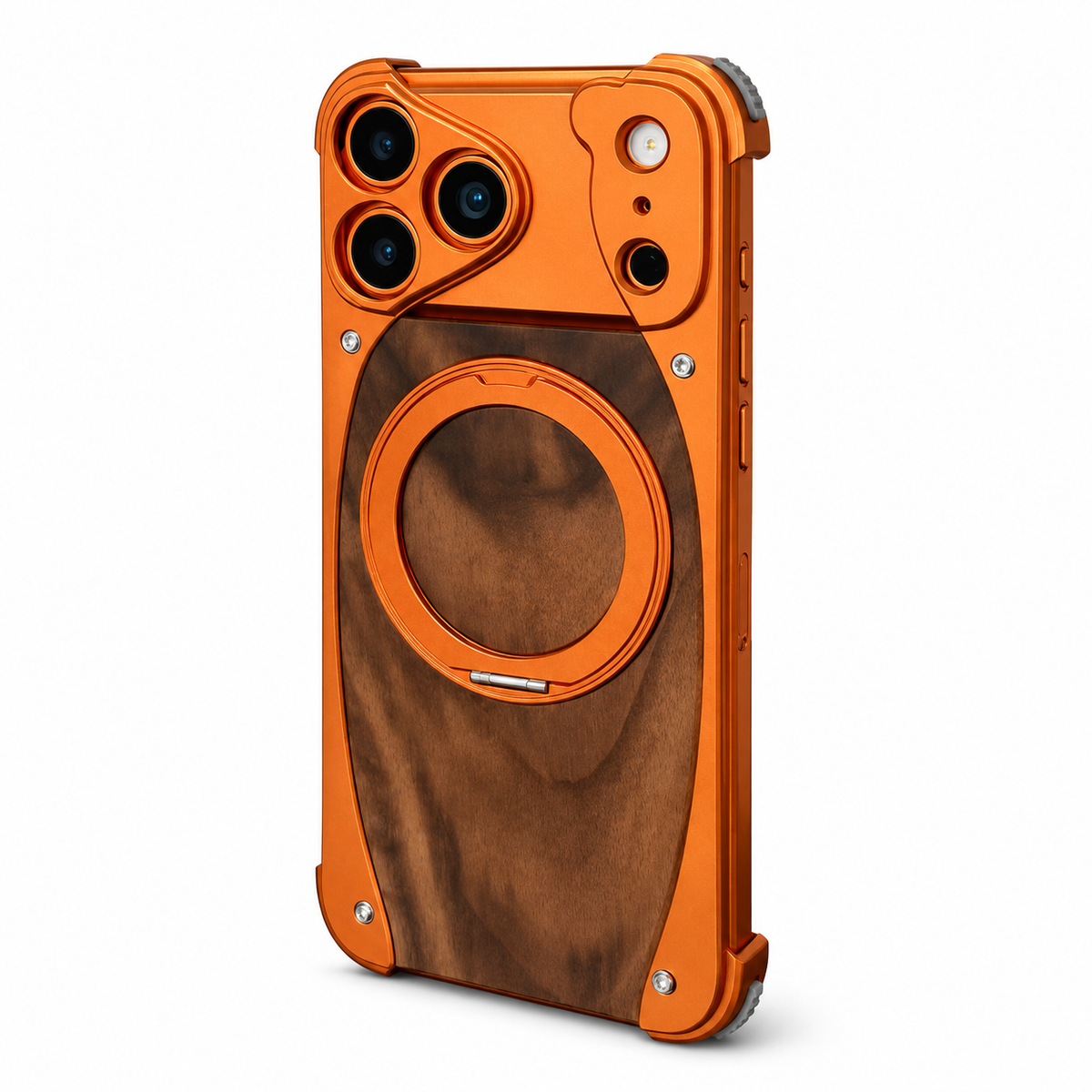 Premium iPhone Case MagSafe Walnut Wood Aluminum Magnetic Shockproof Protective Cover Kickstand Anti Drop Metal Frame Slim Natural Wood Full Coverage