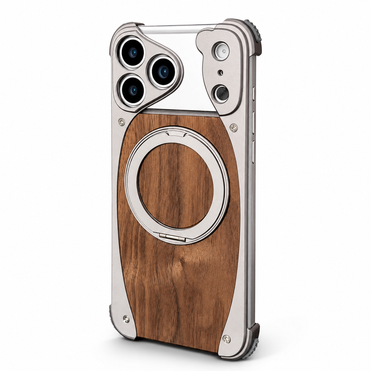 Premium iPhone Case MagSafe Walnut Wood Aluminum Magnetic Shockproof Protective Cover Kickstand Anti Drop Metal Frame Slim Natural Wood Full Coverage