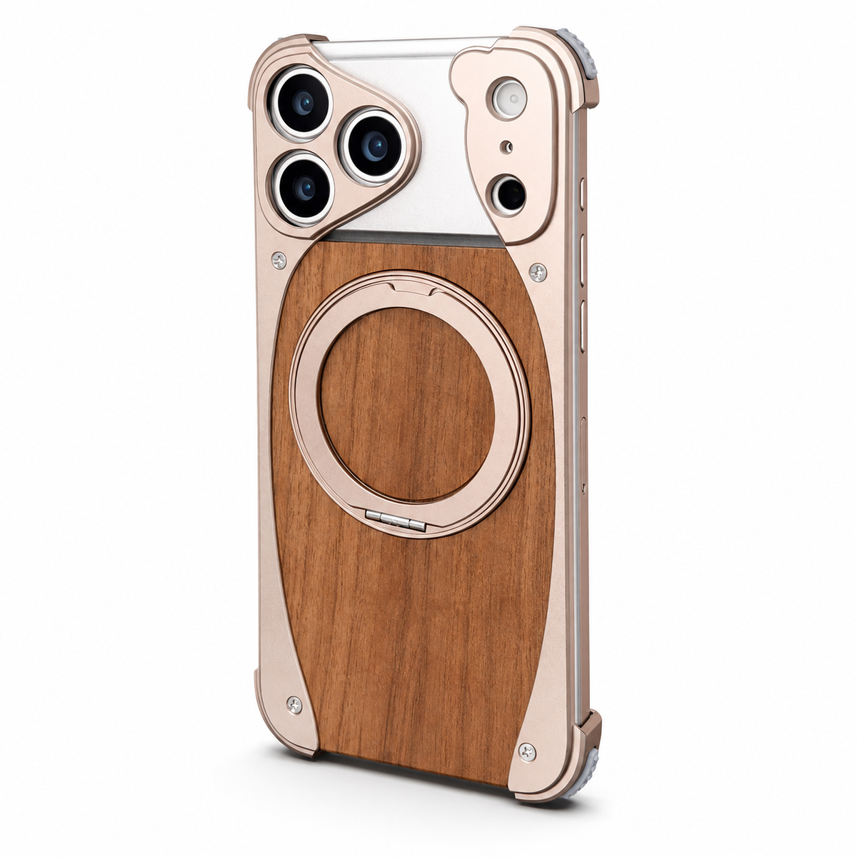 Premium iPhone Case MagSafe Walnut Wood Aluminum Magnetic Shockproof Protective Cover Kickstand Anti Drop Metal Frame Slim Natural Wood Full Coverage