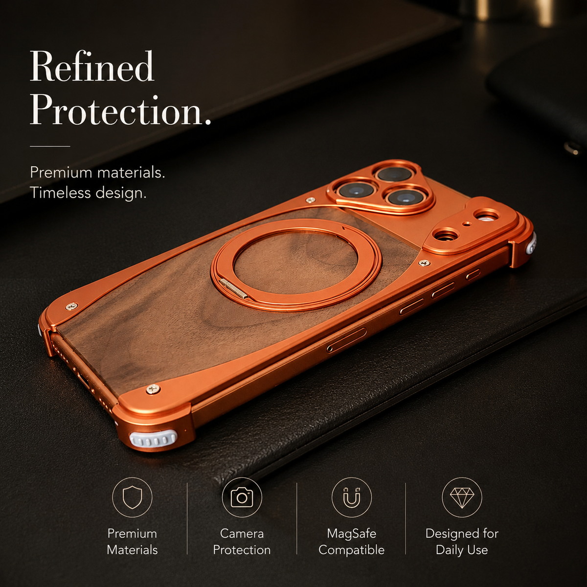 Premium iPhone Case MagSafe Walnut Wood Aluminum Magnetic Shockproof Protective Cover Kickstand Anti Drop Metal Frame Slim Natural Wood Full Coverage