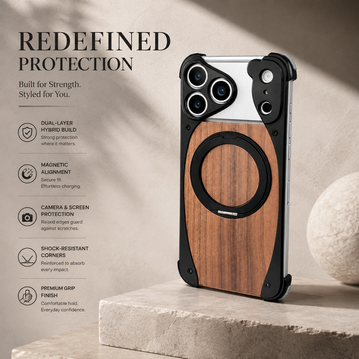 Premium iPhone Case MagSafe Walnut Wood Aluminum Magnetic Shockproof Protective Cover Kickstand Anti Drop Metal Frame Slim Natural Wood Full Coverage