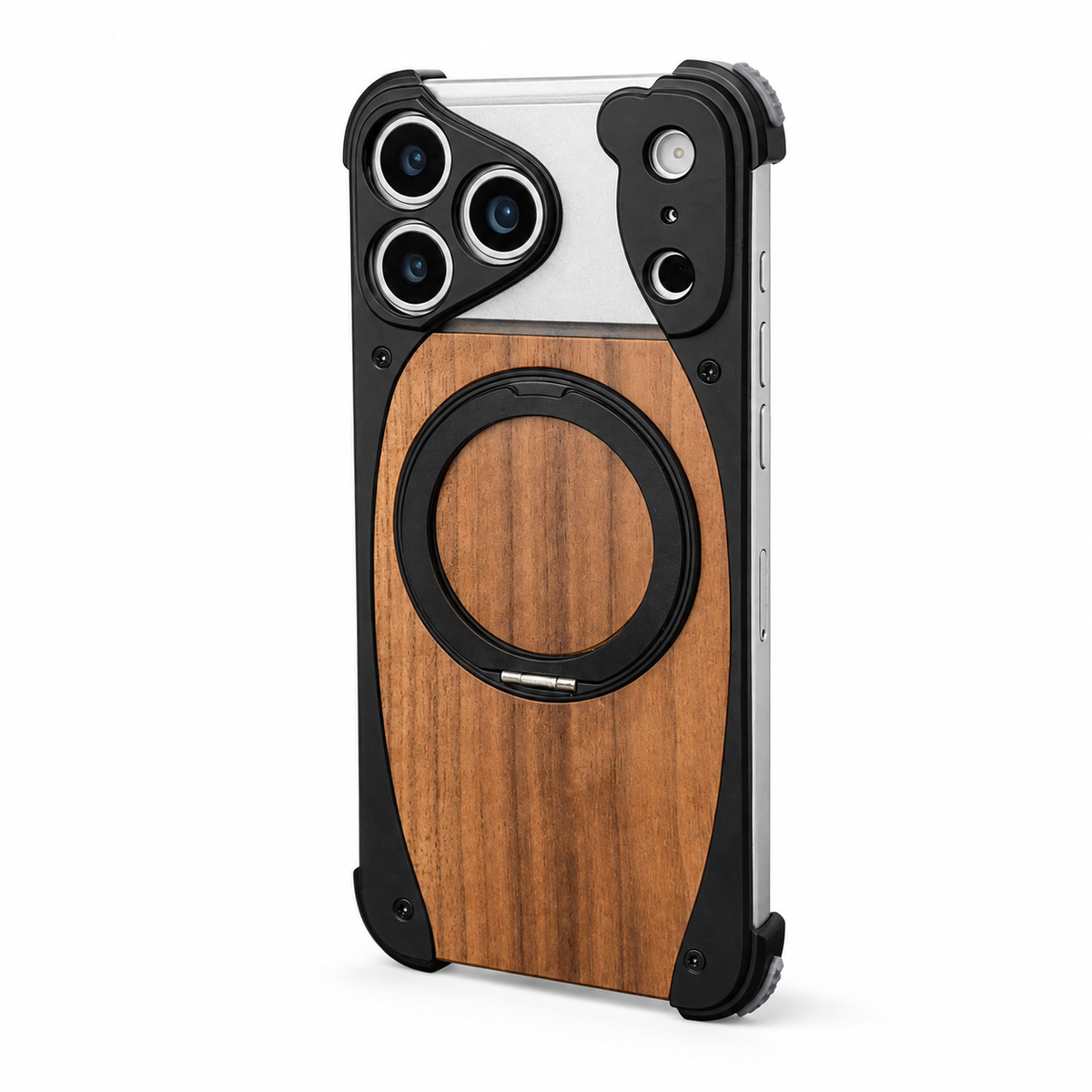 Premium iPhone Case MagSafe Walnut Wood Aluminum Magnetic Shockproof Protective Cover Kickstand Anti Drop Metal Frame Slim Natural Wood Full Coverage