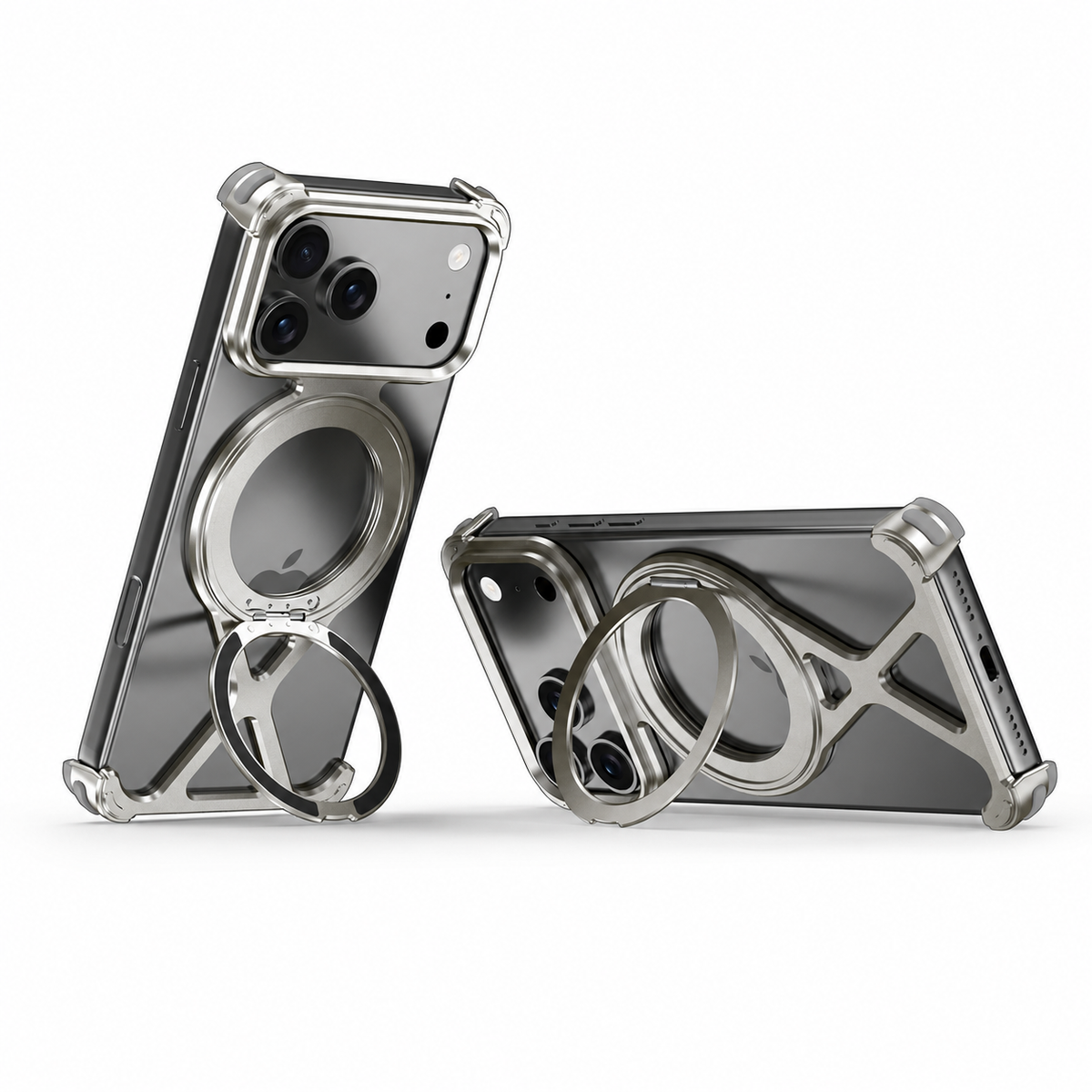 Premium iPhone Case MagSafe X Shape Aluminum Metal Magnetic 360 Holder Shockproof Acrylic Protective Cover Heavy Duty Anti Scratch Non Slip Slim Case