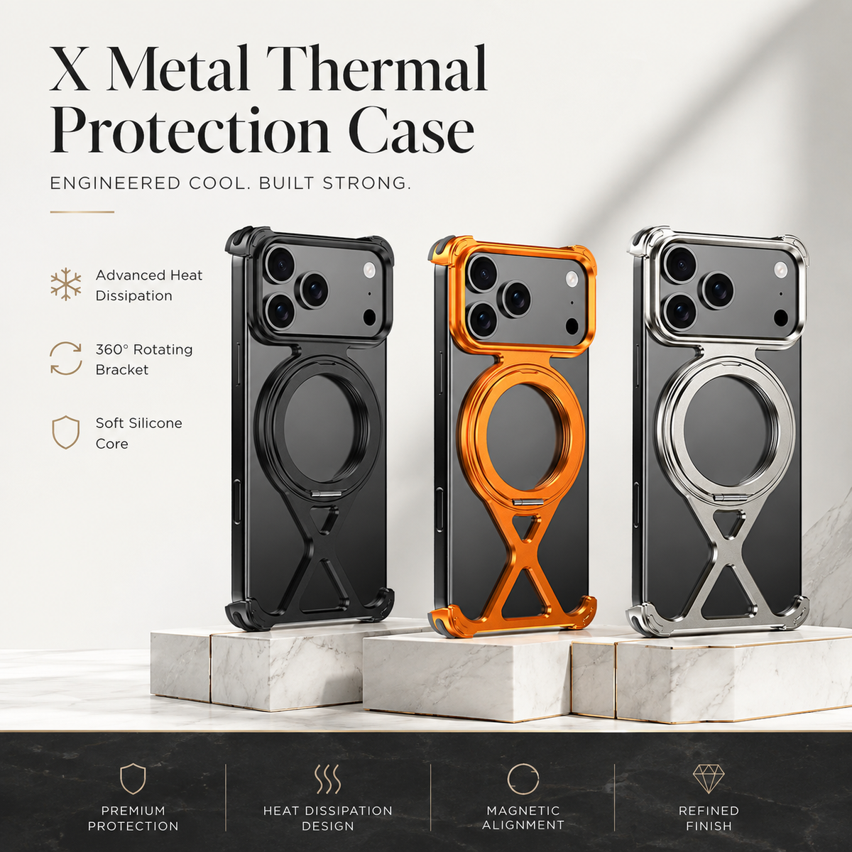 Premium iPhone Case MagSafe X Shape Aluminum Metal Magnetic 360 Holder Shockproof Acrylic Protective Cover Heavy Duty Anti Scratch Non Slip Slim Case