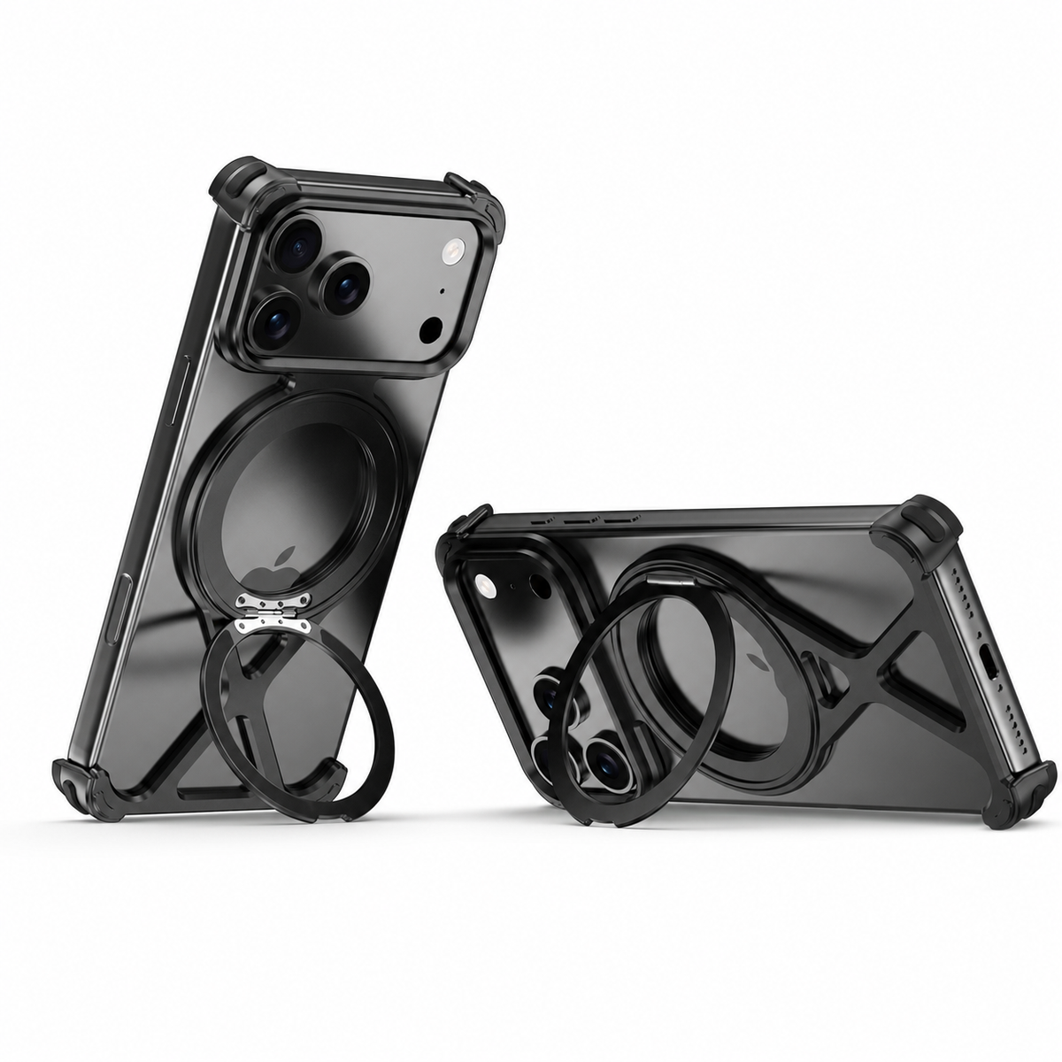 Premium iPhone Case MagSafe X Shape Aluminum Metal Magnetic 360 Holder Shockproof Acrylic Protective Cover Heavy Duty Anti Scratch Non Slip Slim Case