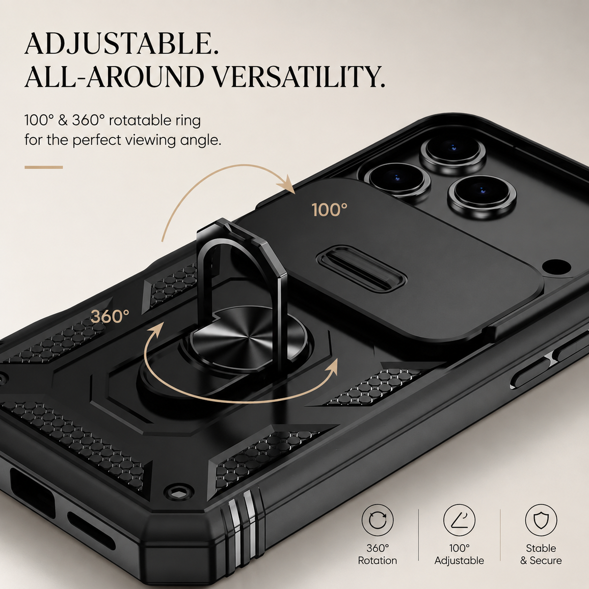 Premium iPhone Case Magnetic 360 Rotating Military Armor Camera Slide Cover Shockproof Silicone Ring Stand Heavy Duty Protective Bumper Phone Case