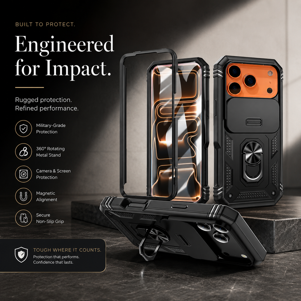 Premium iPhone Case Magnetic 360 Rotating Military Armor Camera Slide Cover Shockproof Silicone Ring Stand Heavy Duty Protective Bumper Phone Case