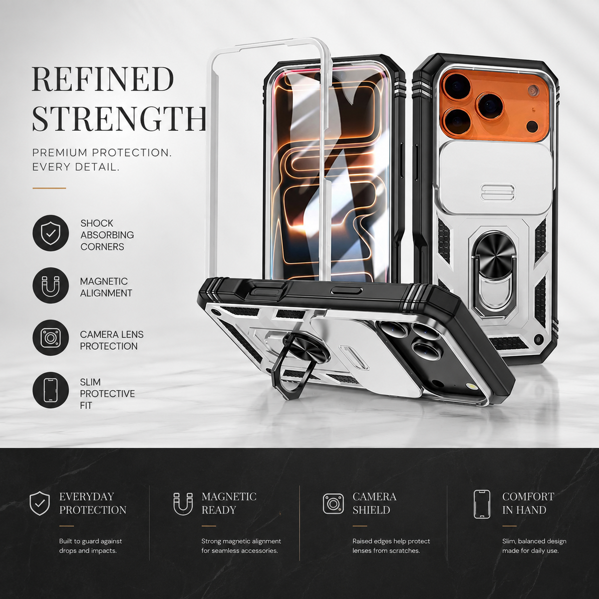 Premium iPhone Case Magnetic 360 Rotating Military Armor Camera Slide Cover Shockproof Silicone Ring Stand Heavy Duty Protective Bumper Phone Case
