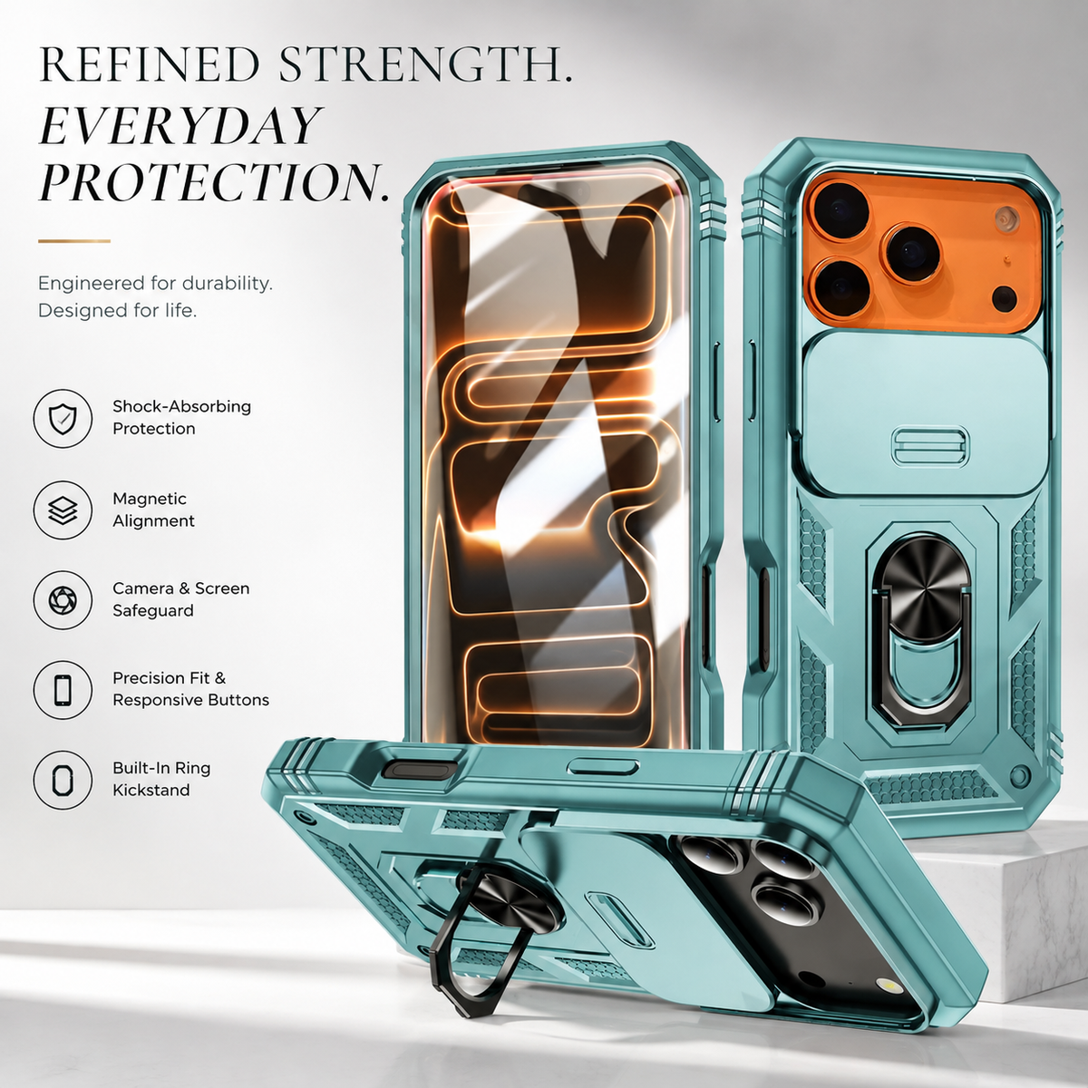 Premium iPhone Case Magnetic 360 Rotating Military Armor Camera Slide Cover Shockproof Silicone Ring Stand Heavy Duty Protective Bumper Phone Case