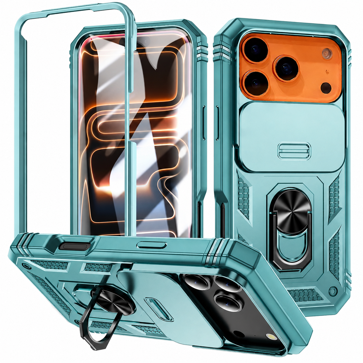 Premium iPhone Case Magnetic 360 Rotating Military Armor Camera Slide Cover Shockproof Silicone Ring Stand Heavy Duty Protective Bumper Phone Case