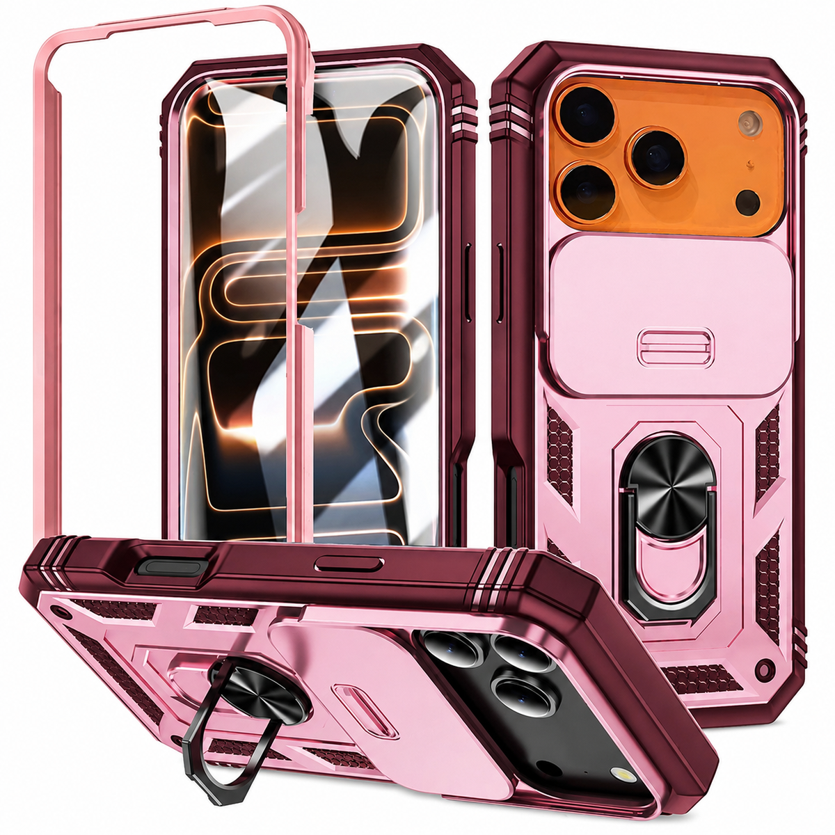 Premium iPhone Case Magnetic 360 Rotating Military Armor Camera Slide Cover Shockproof Silicone Ring Stand Heavy Duty Protective Bumper Phone Case