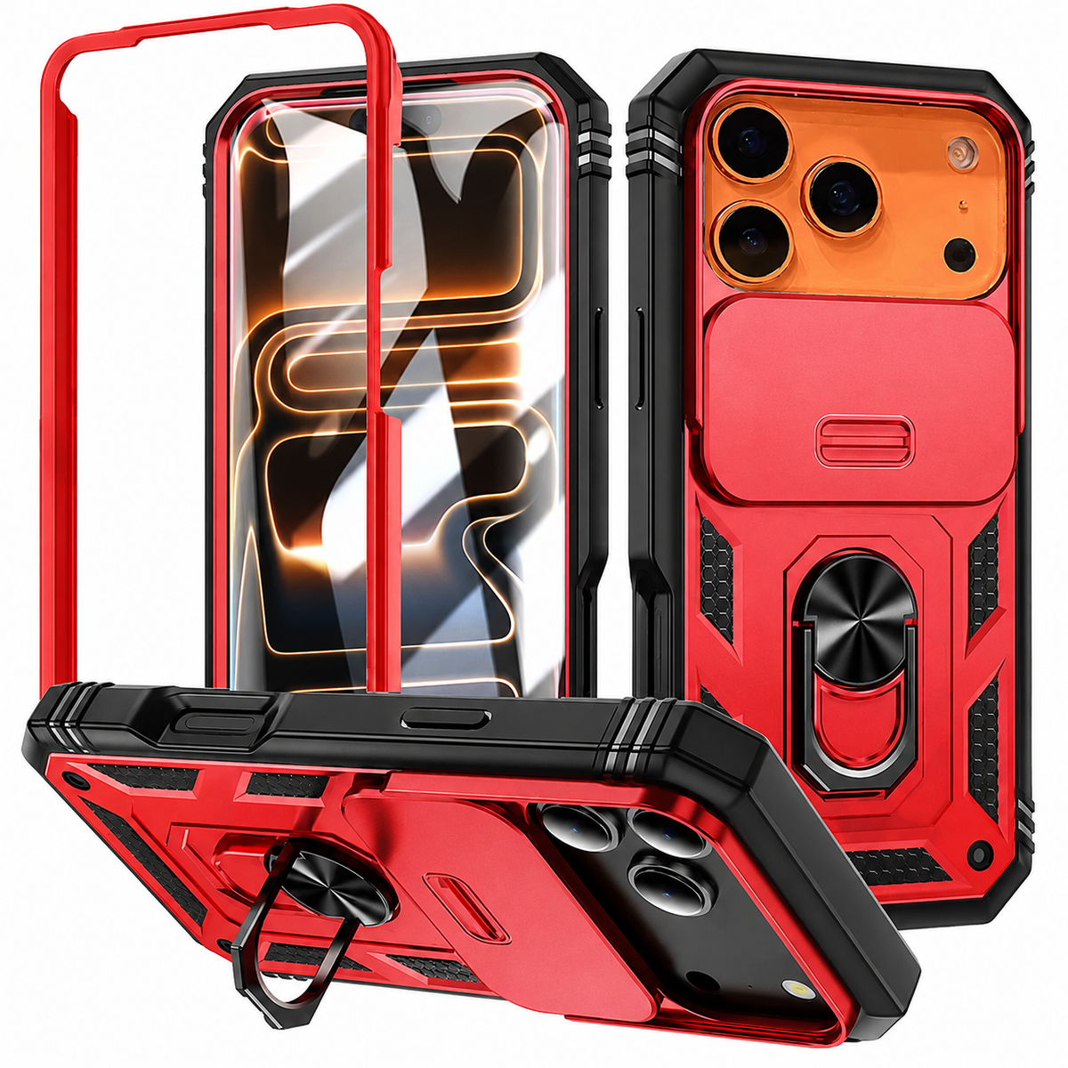 Premium iPhone Case Magnetic 360 Rotating Military Armor Camera Slide Cover Shockproof Silicone Ring Stand Heavy Duty Protective Bumper Phone Case