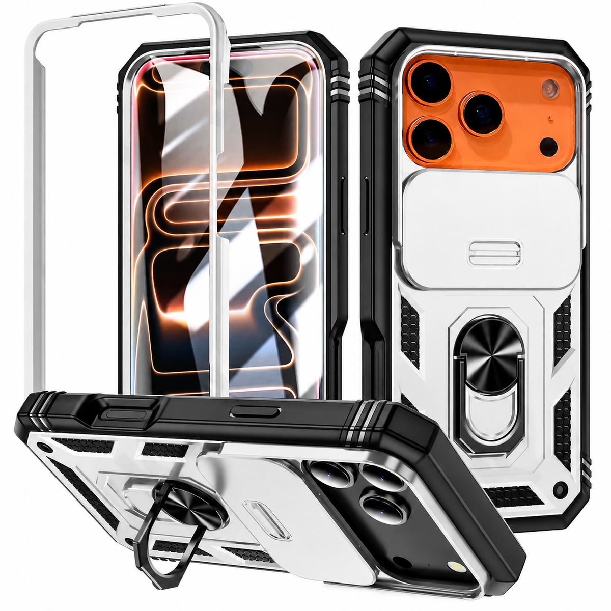 Premium iPhone Case Magnetic 360 Rotating Military Armor Camera Slide Cover Shockproof Silicone Ring Stand Heavy Duty Protective Bumper Phone Case