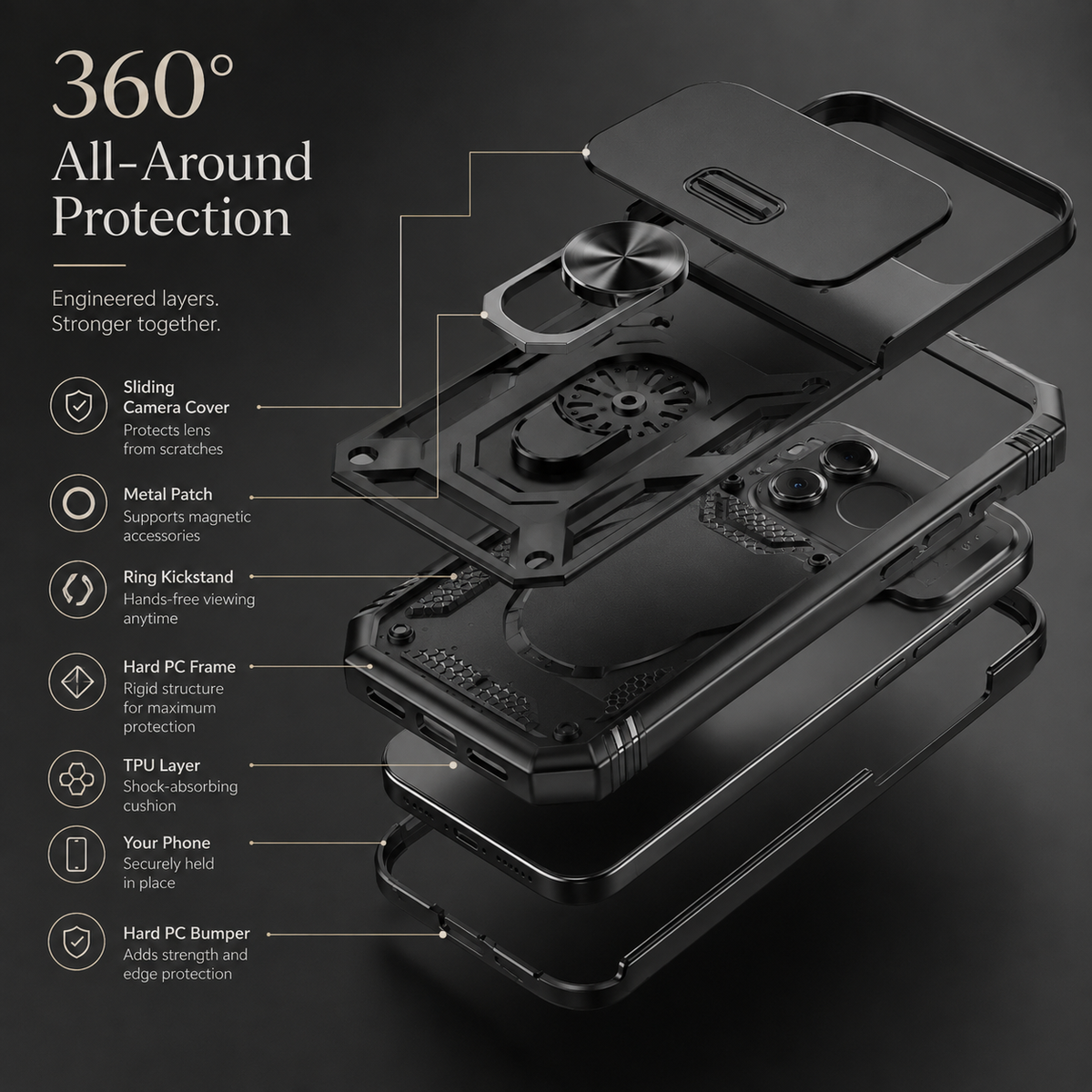 Premium iPhone Case Magnetic 360 Rotating Military Armor Camera Slide Cover Shockproof Silicone Ring Stand Heavy Duty Protective Bumper Phone Case