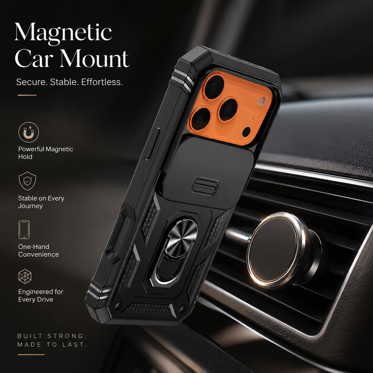 Premium iPhone Case Magnetic 360 Rotating Military Armor Camera Slide Cover Shockproof Silicone Ring Stand Heavy Duty Protective Bumper Phone Case