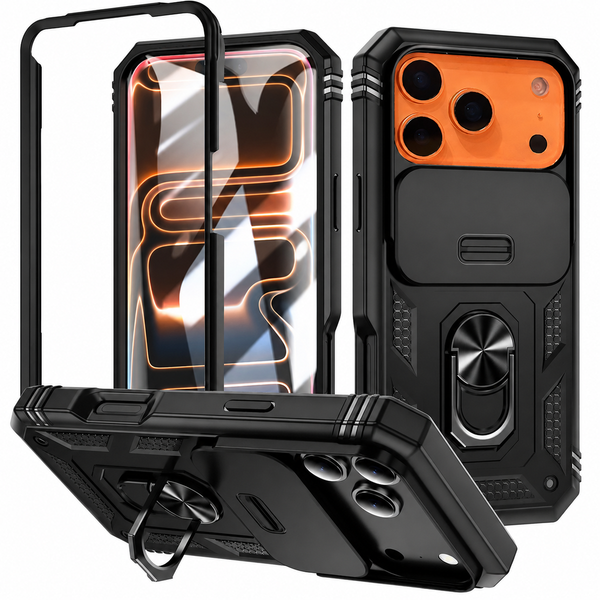 Premium iPhone Case Magnetic 360 Rotating Military Armor Camera Slide Cover Shockproof Silicone Ring Stand Heavy Duty Protective Bumper Phone Case
