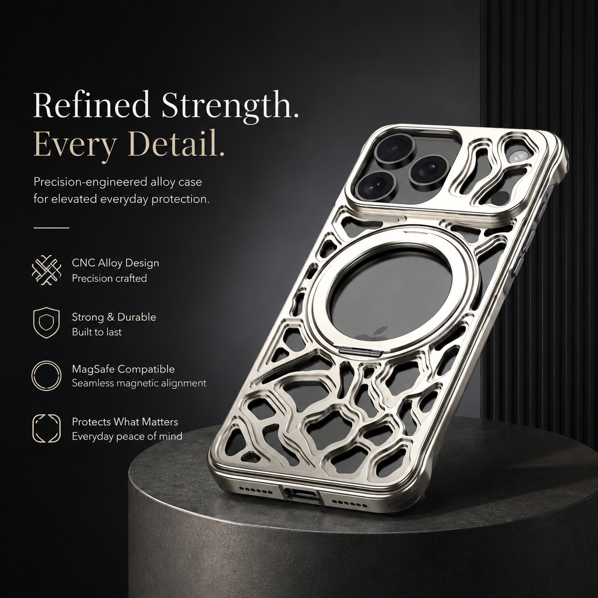 Premium iPhone Case Magnetic Aluminum Maze Pattern Ring Kickstand Shockproof Metal Protective Cover Geometric Non Slip Tough Slim Reinforced Bumper Case