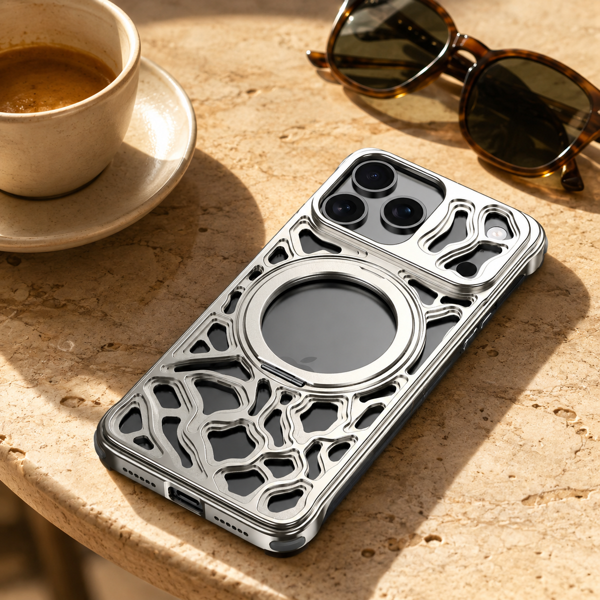 Premium iPhone Case Magnetic Aluminum Maze Pattern Ring Kickstand Shockproof Metal Protective Cover Geometric Non Slip Tough Slim Reinforced Bumper Case