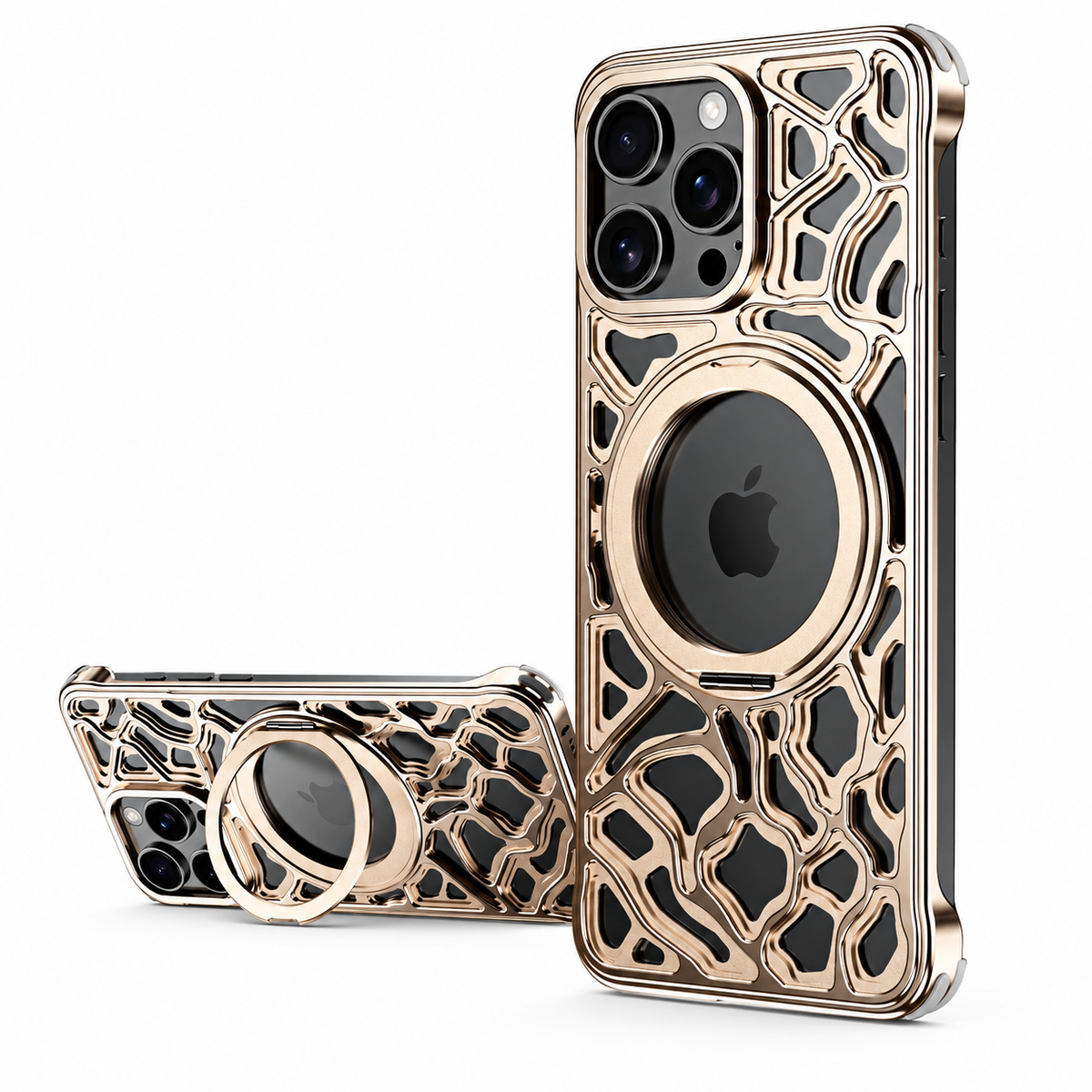 Premium iPhone Case Magnetic Aluminum Maze Pattern Ring Kickstand Shockproof Metal Protective Cover Geometric Non Slip Tough Slim Reinforced Bumper Case