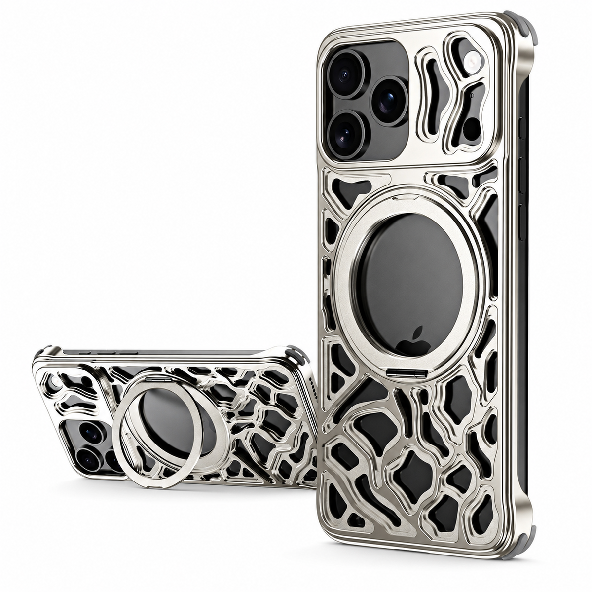 Premium iPhone Case Magnetic Aluminum Maze Pattern Ring Kickstand Shockproof Metal Protective Cover Geometric Non Slip Tough Slim Reinforced Bumper Case
