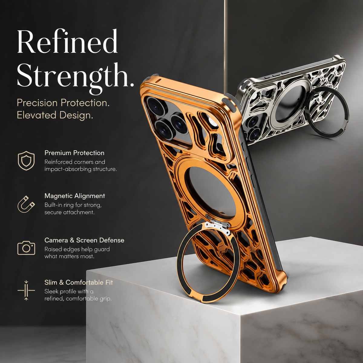 Premium iPhone Case Magnetic Aluminum Maze Pattern Ring Kickstand Shockproof Metal Protective Cover Geometric Non Slip Tough Slim Reinforced Bumper Case