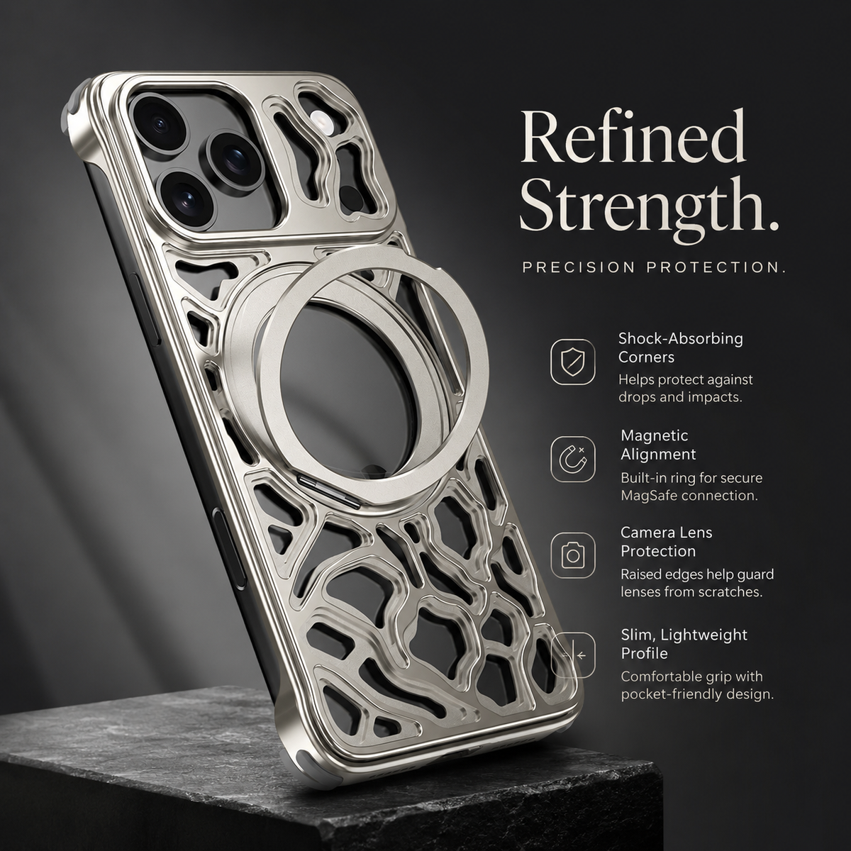 Premium iPhone Case Magnetic Aluminum Maze Pattern Ring Kickstand Shockproof Metal Protective Cover Geometric Non Slip Tough Slim Reinforced Bumper Case