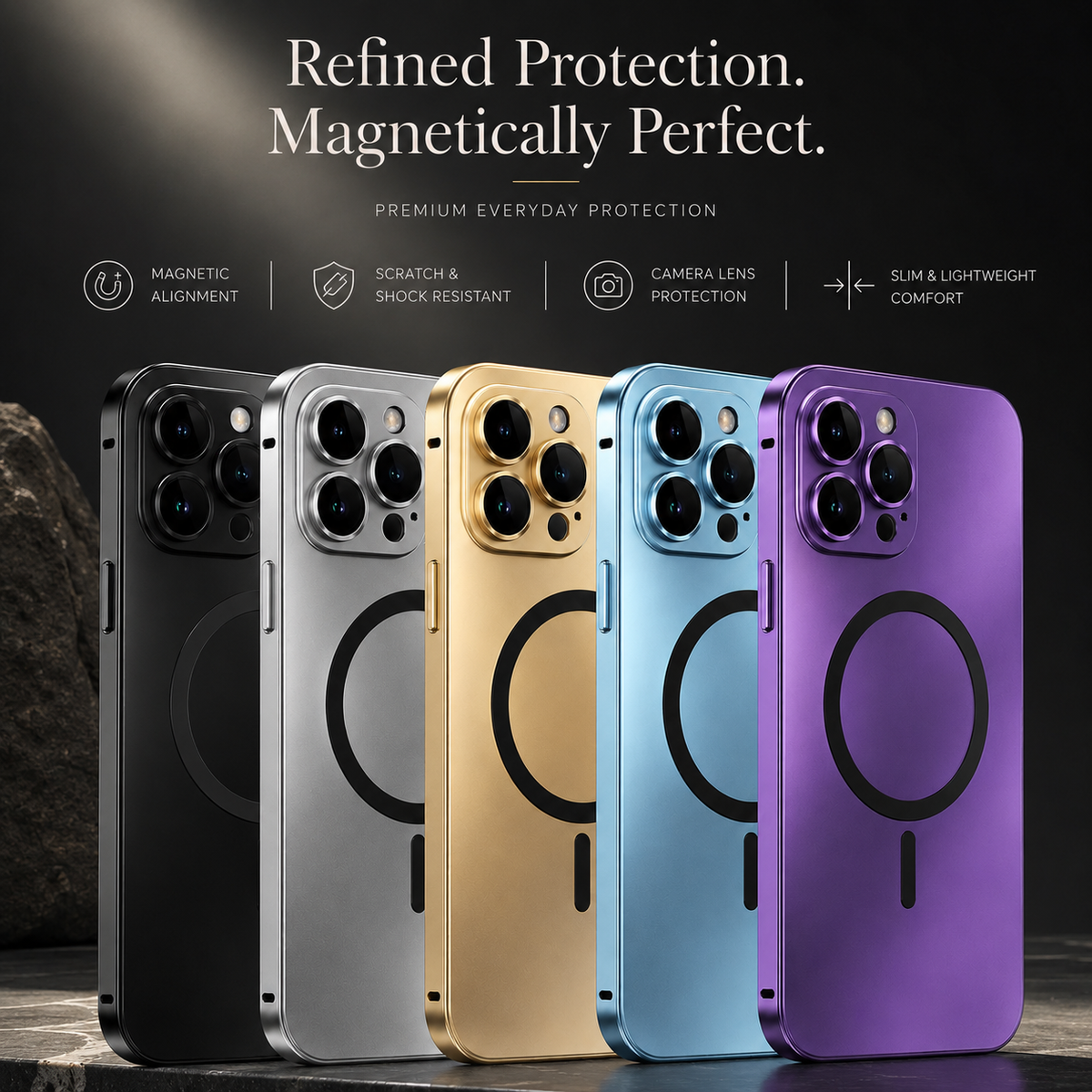 Premium iPhone Case Magnetic Aluminum Metal Frame Cover Hard PC Back MagSafe Shockproof Matte Anti Fingerprint Camera Lens Protection Slim Design