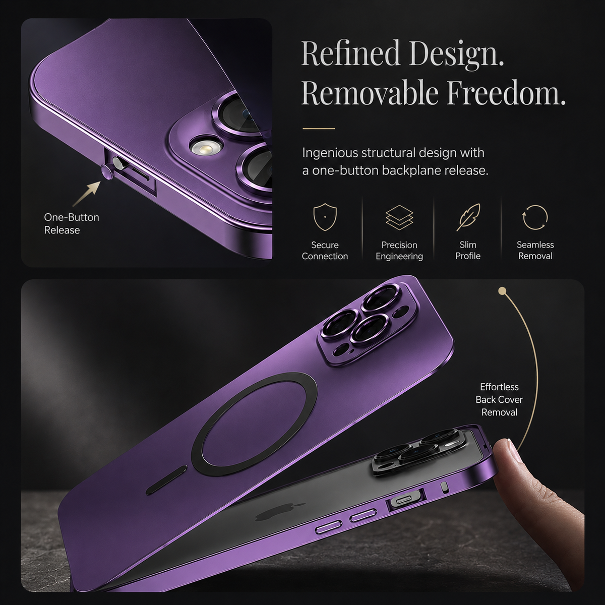 Premium iPhone Case Magnetic Aluminum Metal Frame Cover Hard PC Back MagSafe Shockproof Matte Anti Fingerprint Camera Lens Protection Slim Design