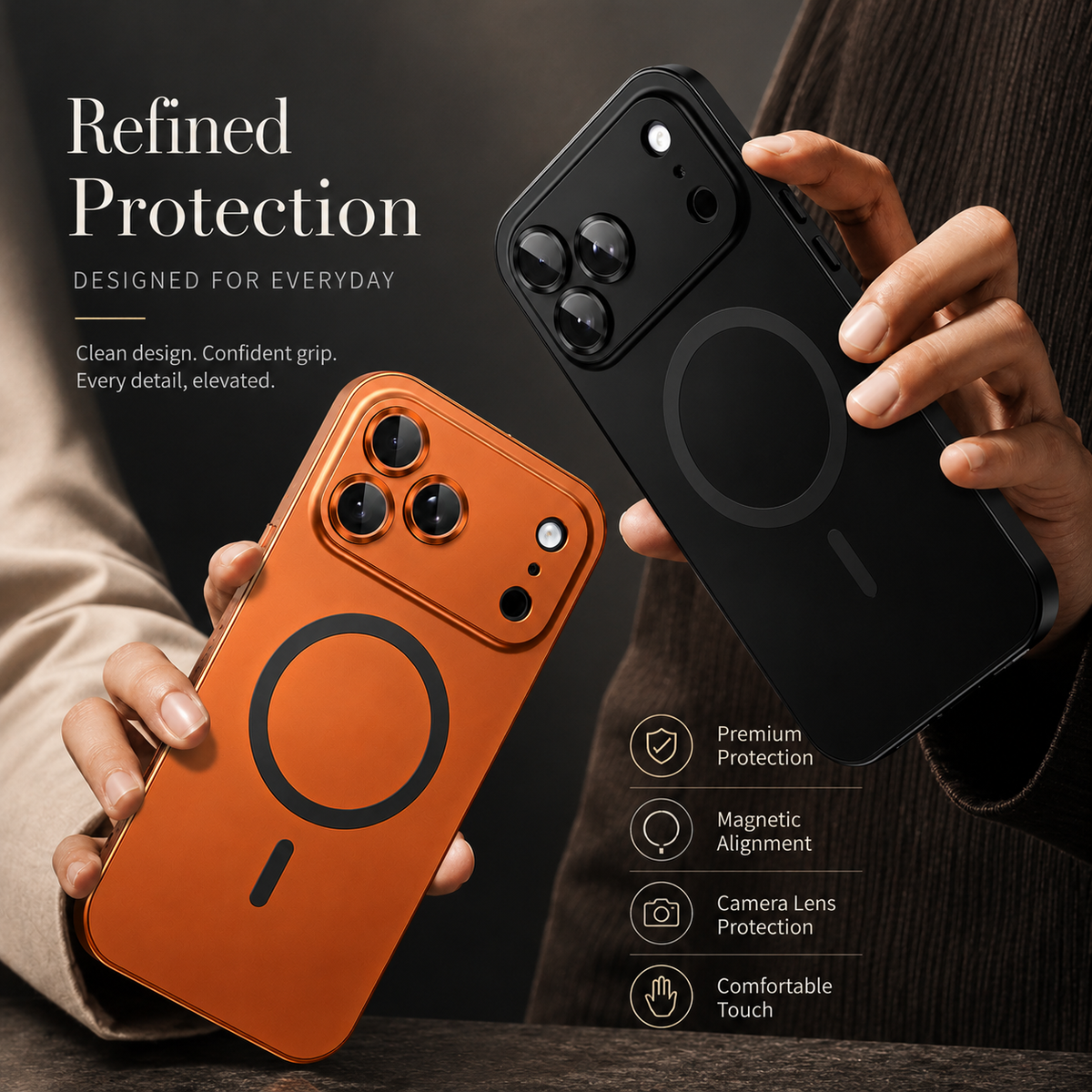 Premium iPhone Case Magnetic Aluminum Metal Frame Cover Hard PC Back MagSafe Shockproof Matte Anti Fingerprint Camera Lens Protection Slim Design