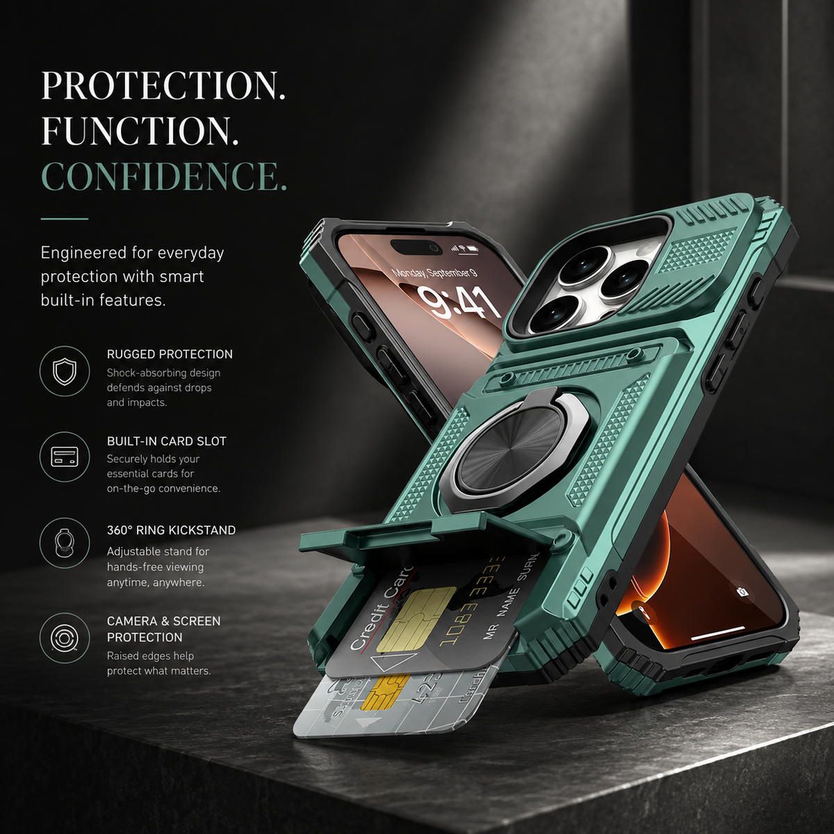 Premium iPhone Case Magnetic Armor Card Slot Wallet Kickstand Shockproof Plastic Silicone Holder Anti Drop Reinforced Protective Bumper Cover Case